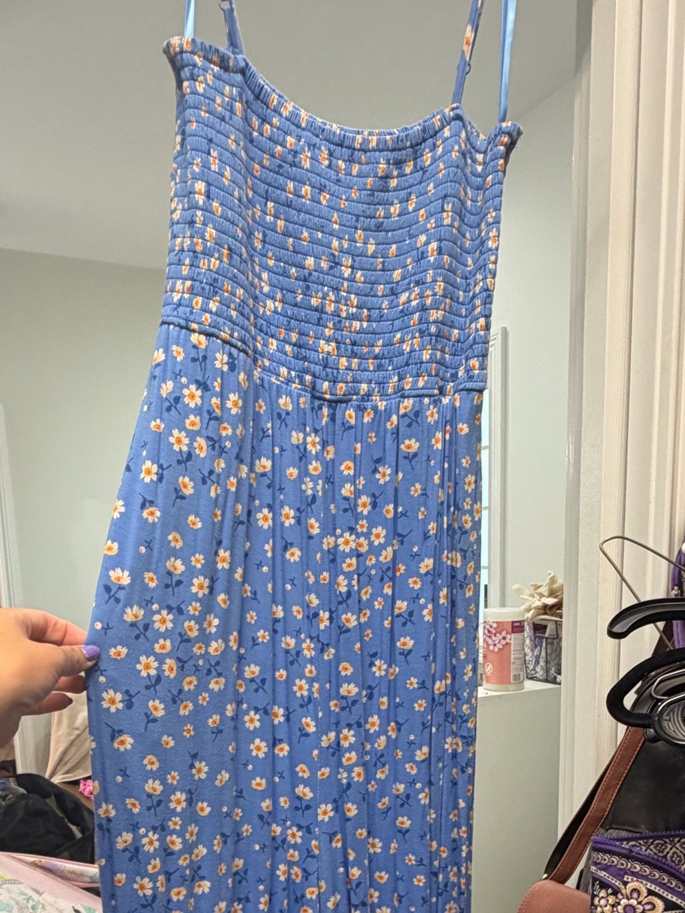 Posh Peanut Blue Floral Smocked Romper with Spaghetti Straps